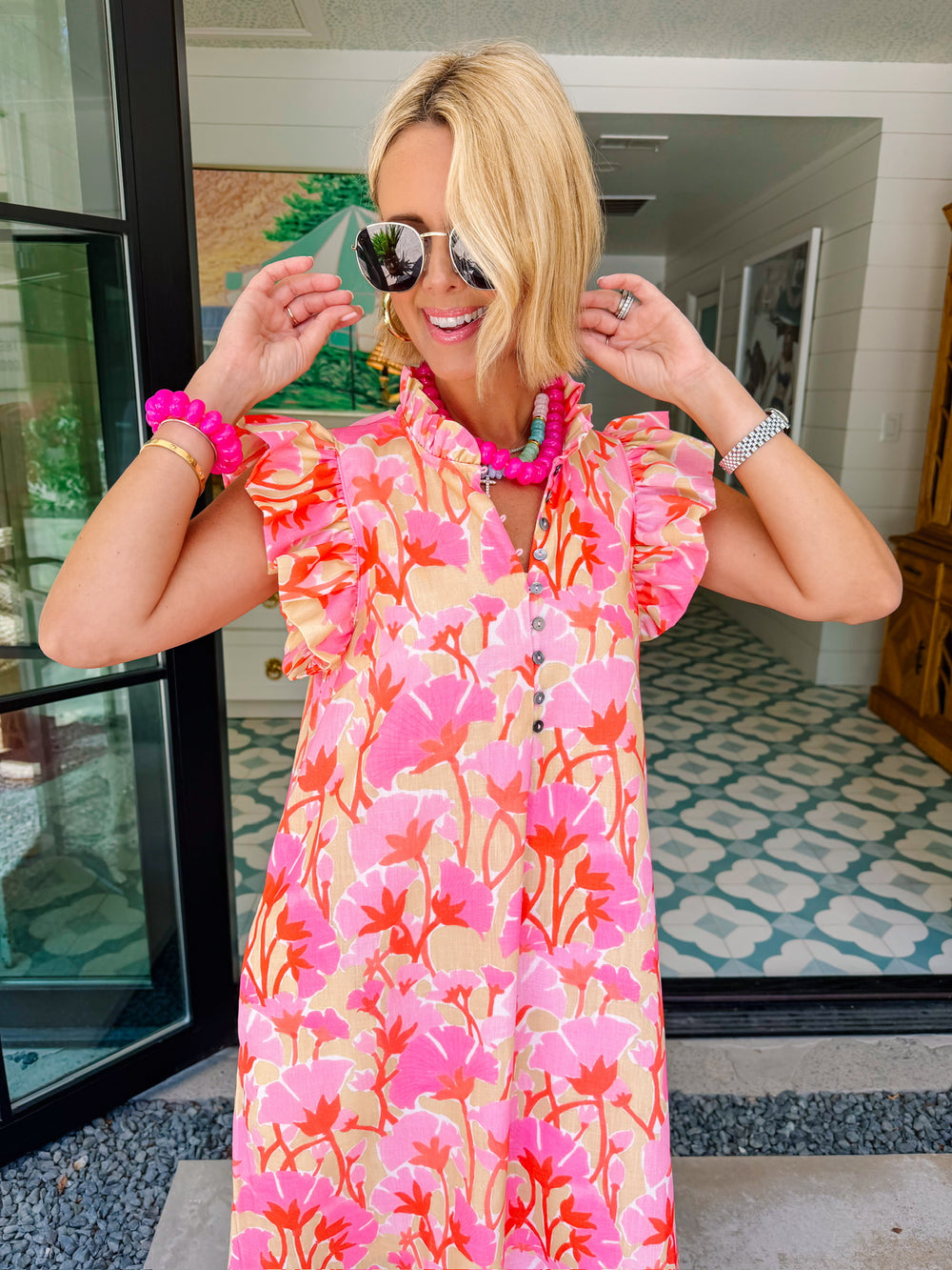 PETALS IN THE SUN RUFFLE MIDI DRESS - YELLOW/PINK