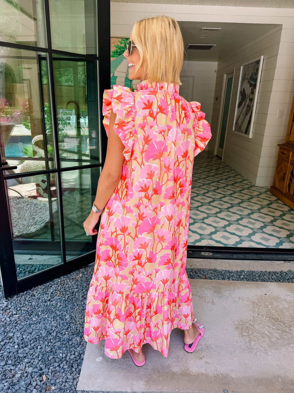 PETALS IN THE SUN RUFFLE MIDI DRESS - YELLOW/PINK