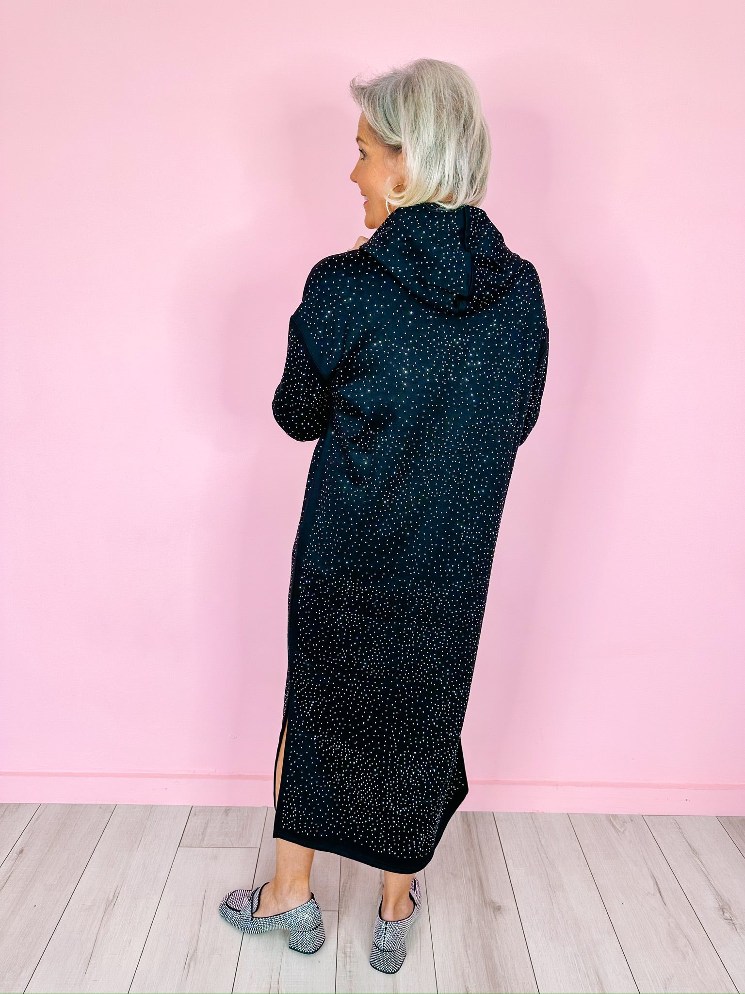 MIDNIGHT SPARKLE HOODIE MIDI DRESS - BLACK