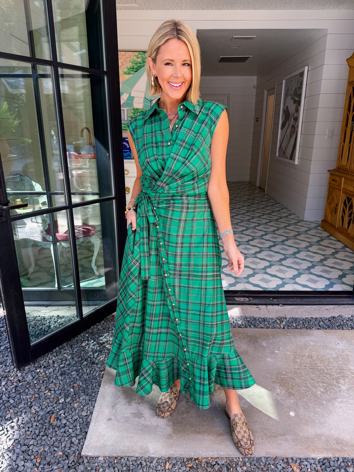 TIME WILL TELL PLAID WRAP MIDI DRESS - GREEN