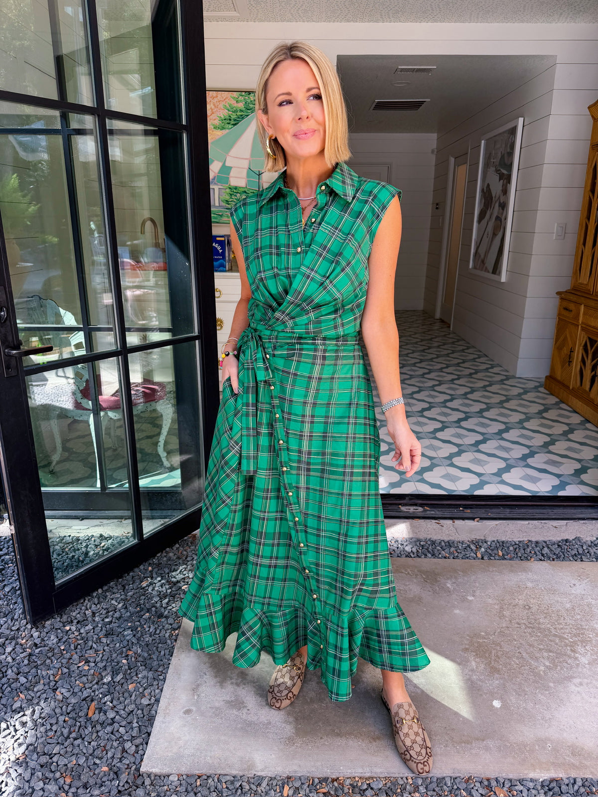 TIME WILL TELL PLAID WRAP MIDI DRESS - GREEN