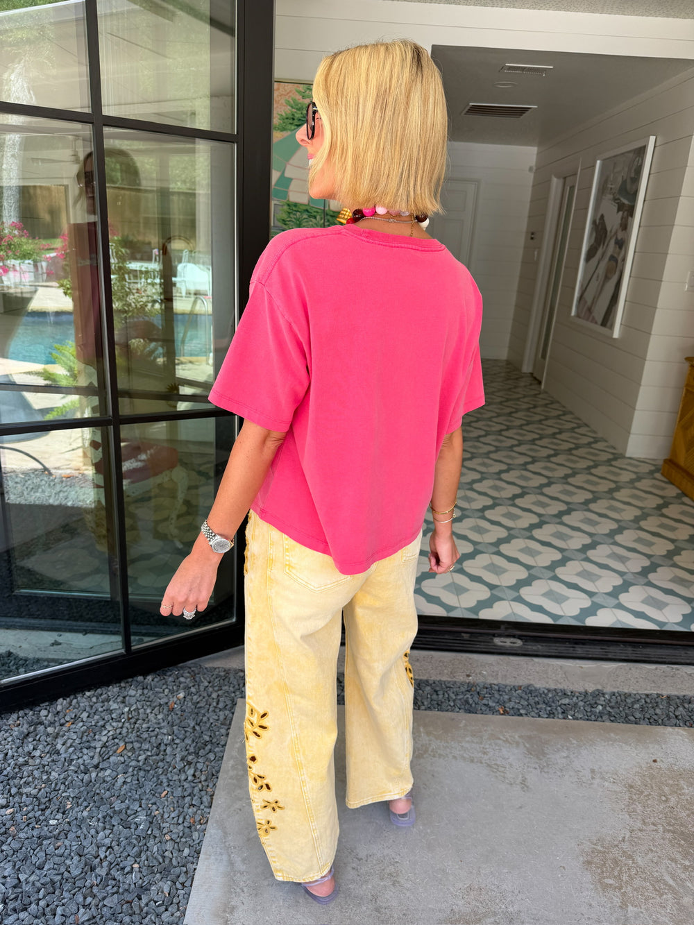 EVELYN EYELET FLORAL BARREL JEAN - YELLOW