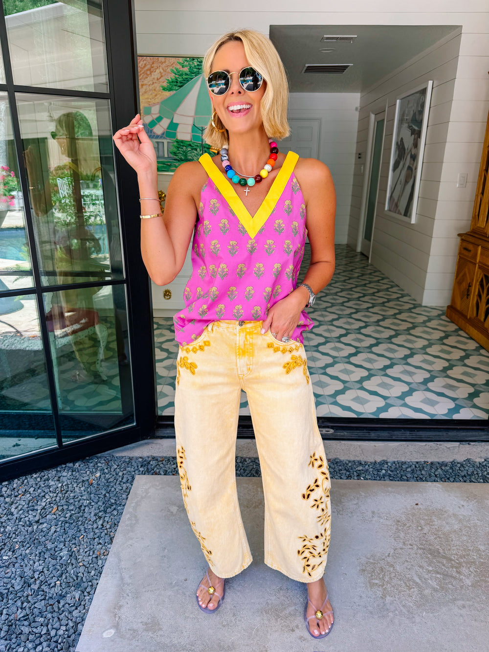 FRANCINE FLORAL BLOCK TOP - PURPLE/YELLOW
