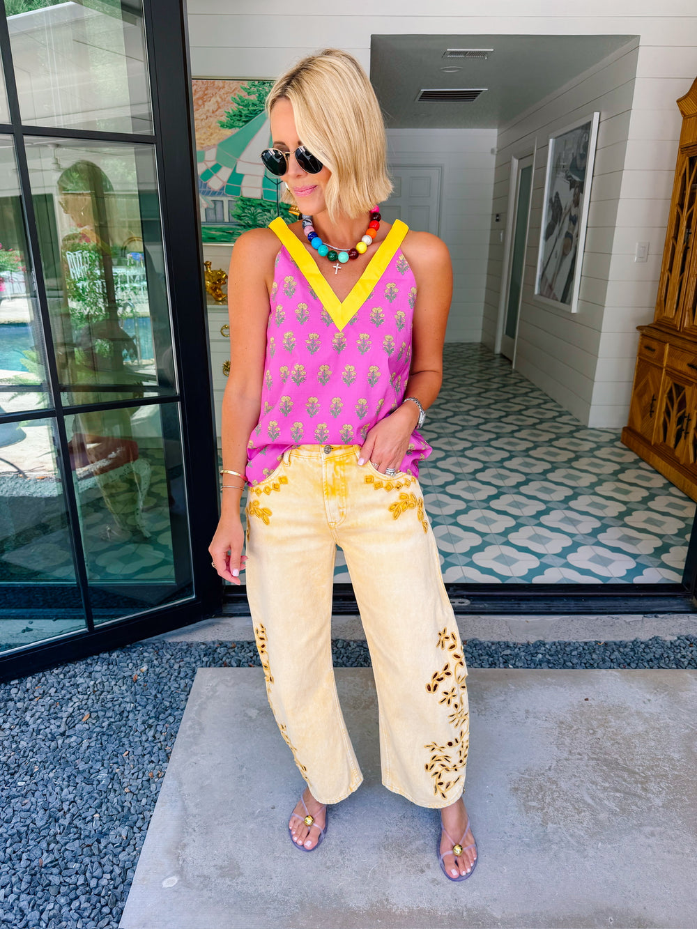 FRANCINE FLORAL BLOCK TOP - PURPLE/YELLOW