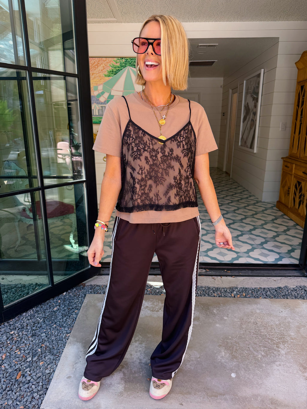 READ BETWEEN THE LAYERS LACE OVERLAY TOP - TAUPE/BLACK