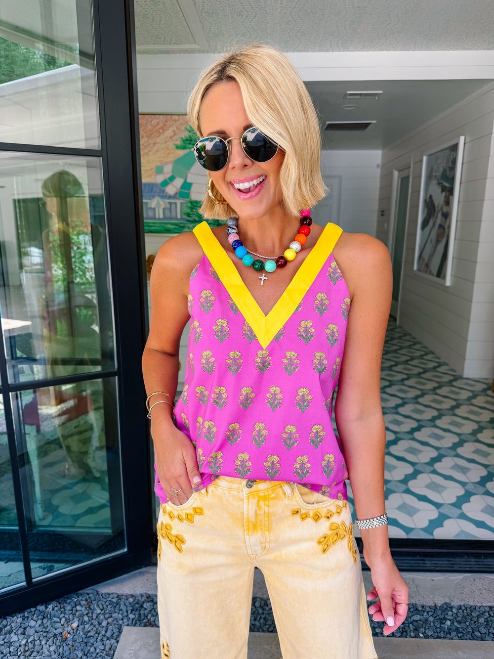FRANCINE FLORAL BLOCK TOP - PURPLE/YELLOW