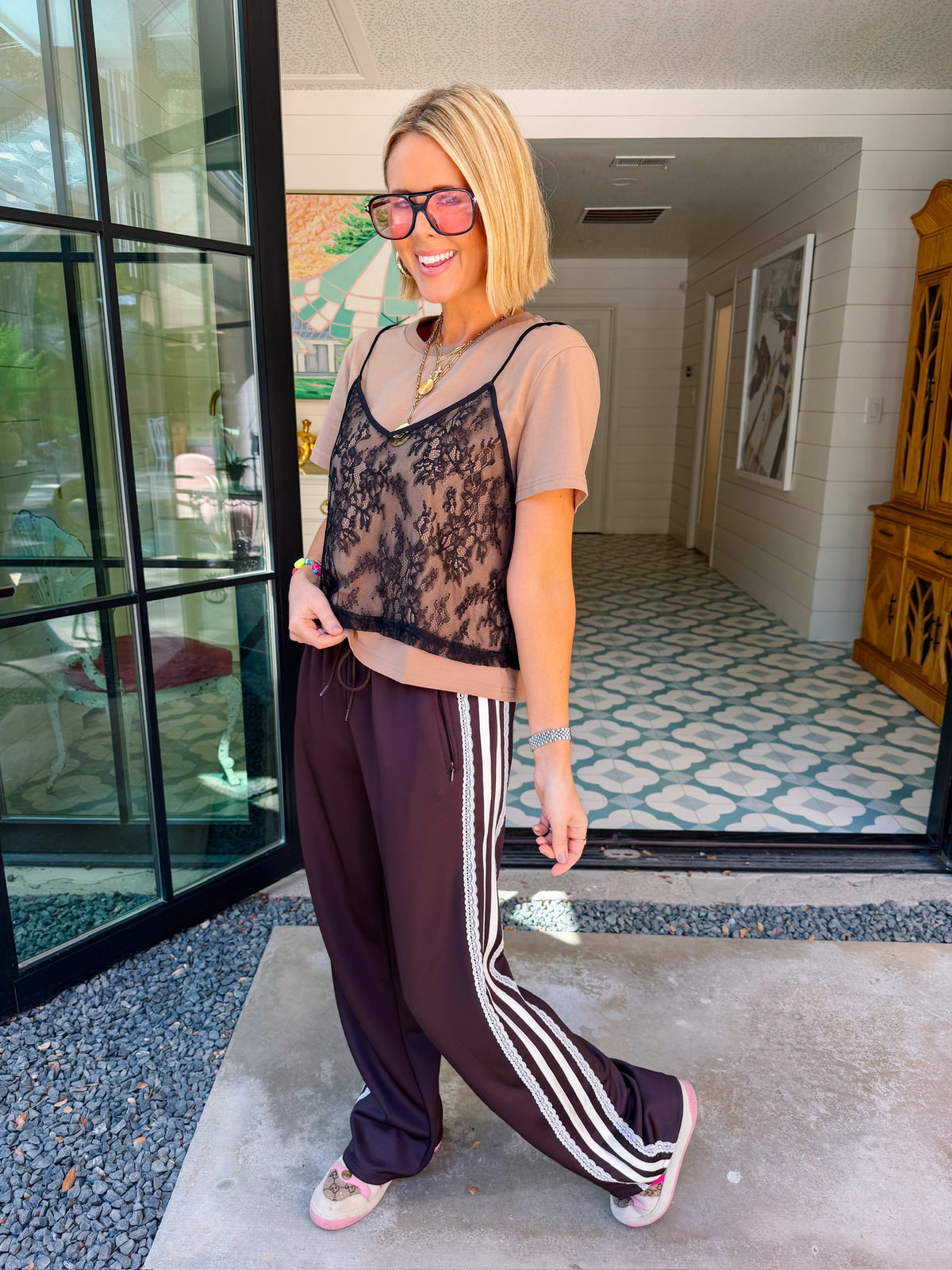 LIZZIE LACE TRIM TRACK PANTS - BROWN