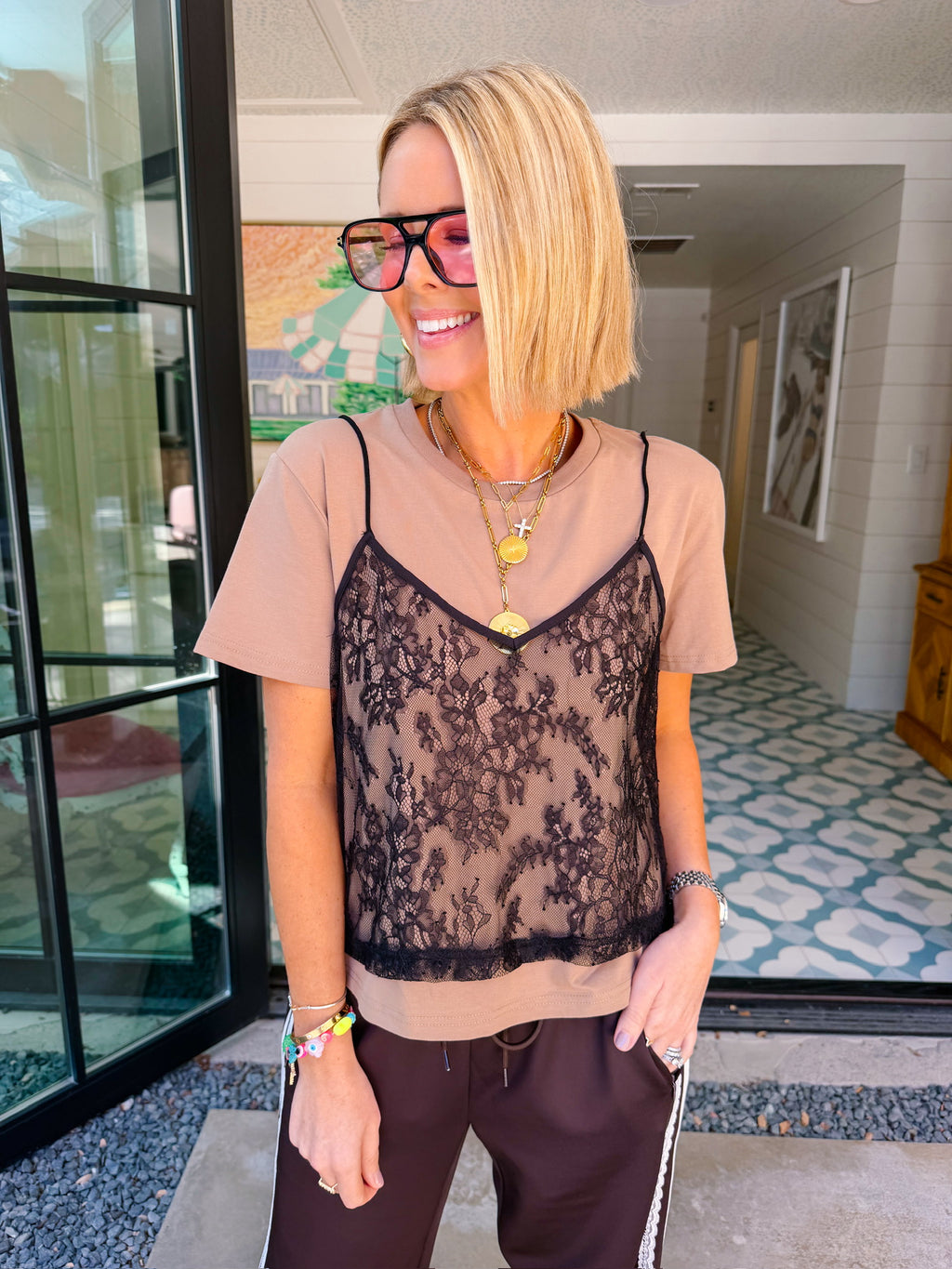 READ BETWEEN THE LAYERS LACE OVERLAY TOP - TAUPE/BLACK