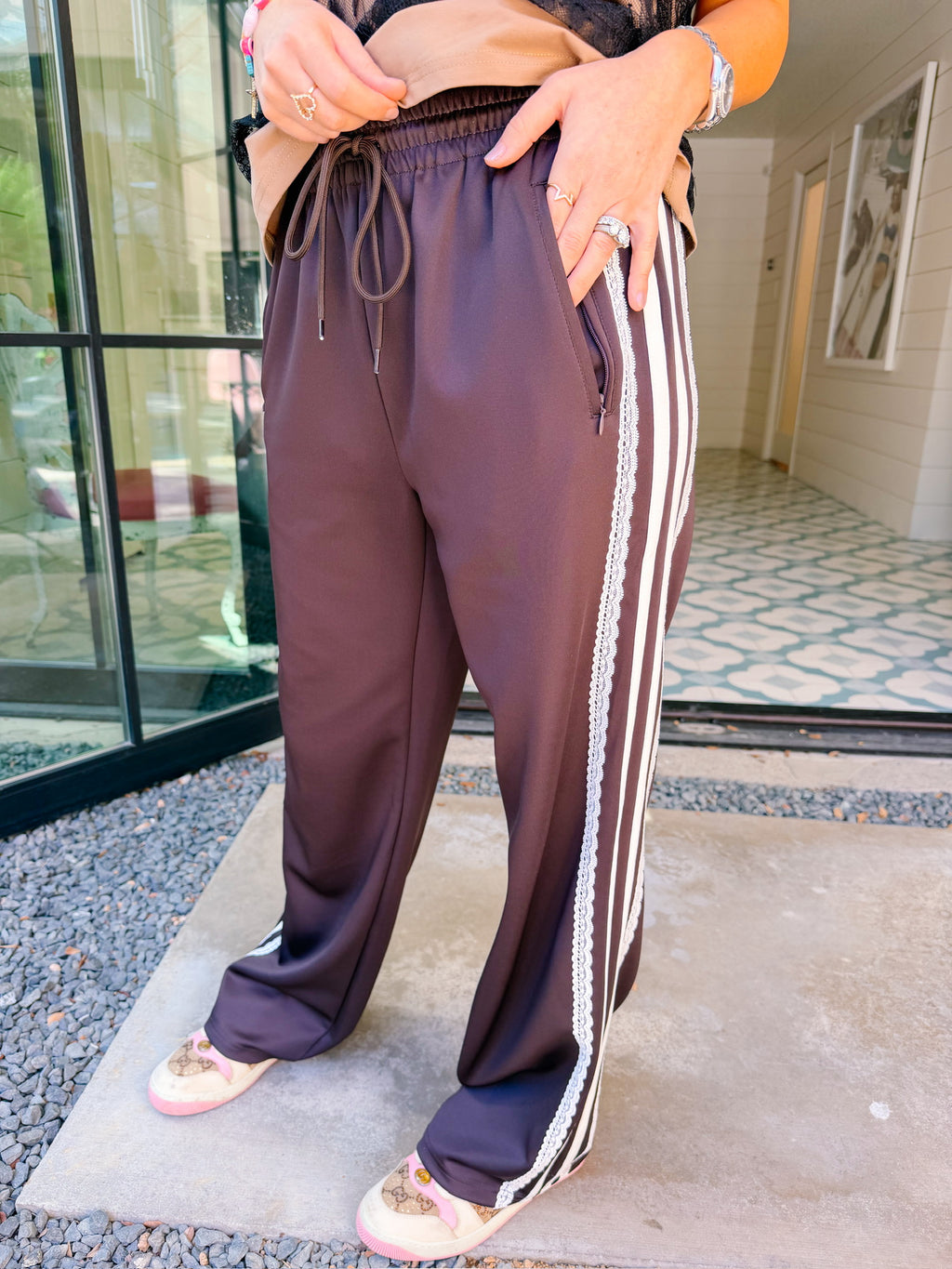 LIZZIE LACE TRIM TRACK PANTS - BROWN