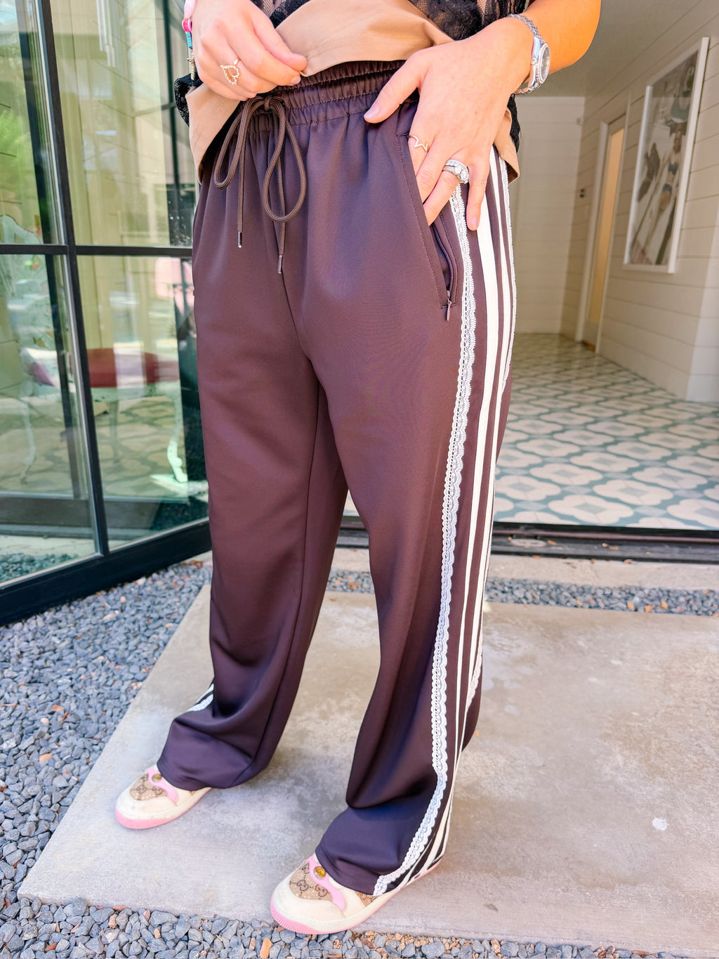 LIZZIE LACE TRIM TRACK PANTS - BROWN