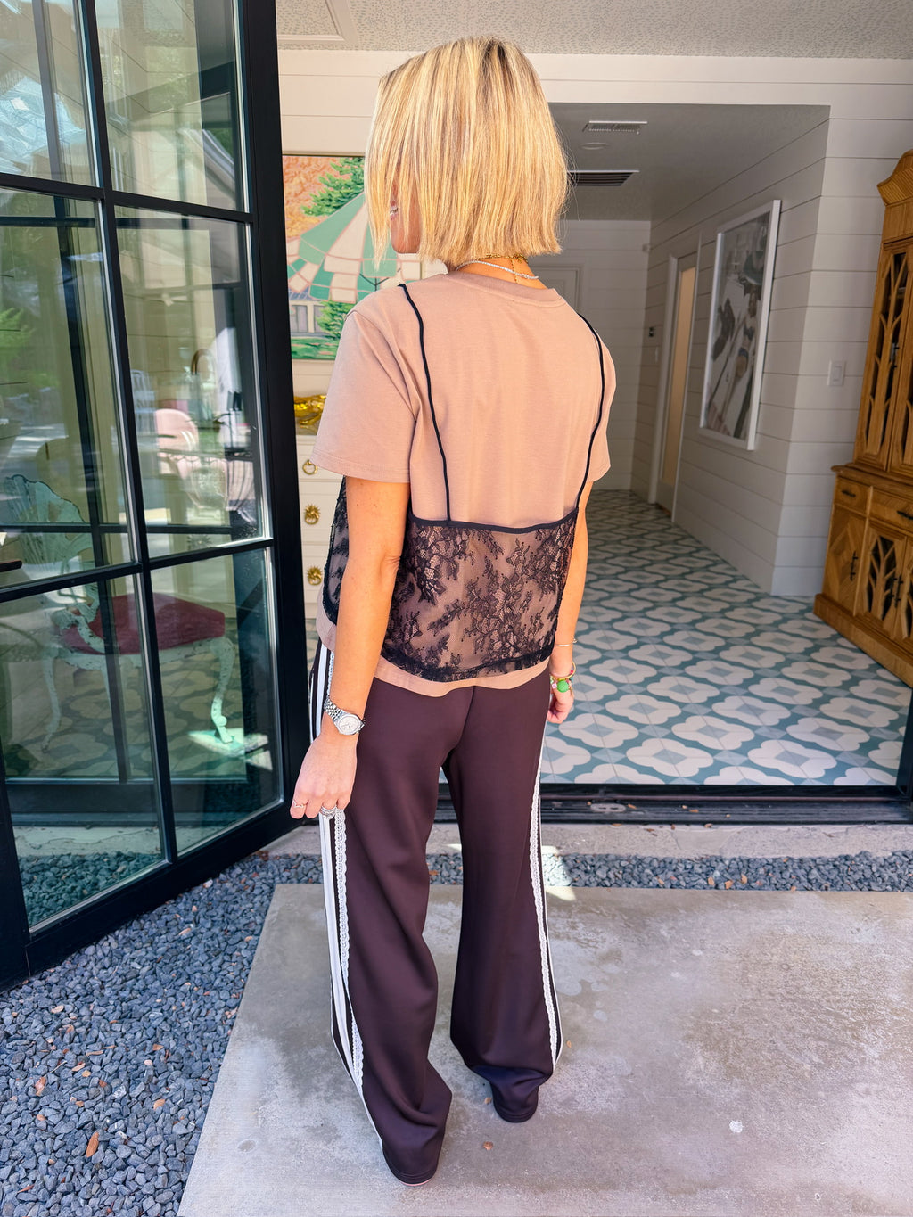 LIZZIE LACE TRIM TRACK PANTS - BROWN