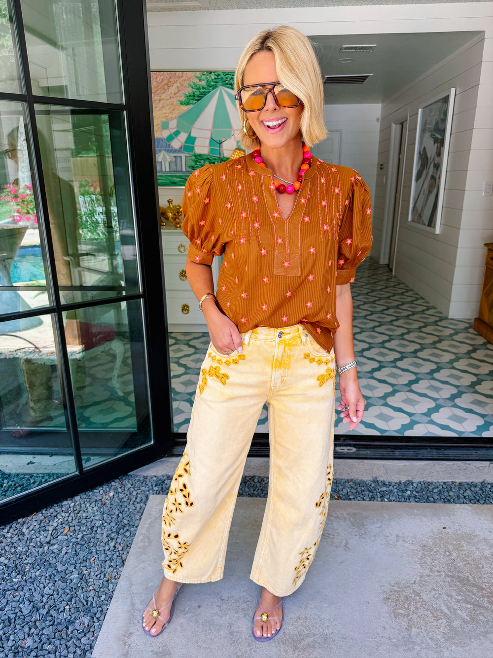 SEEING STAR EMBROIDERED TOP - RUST