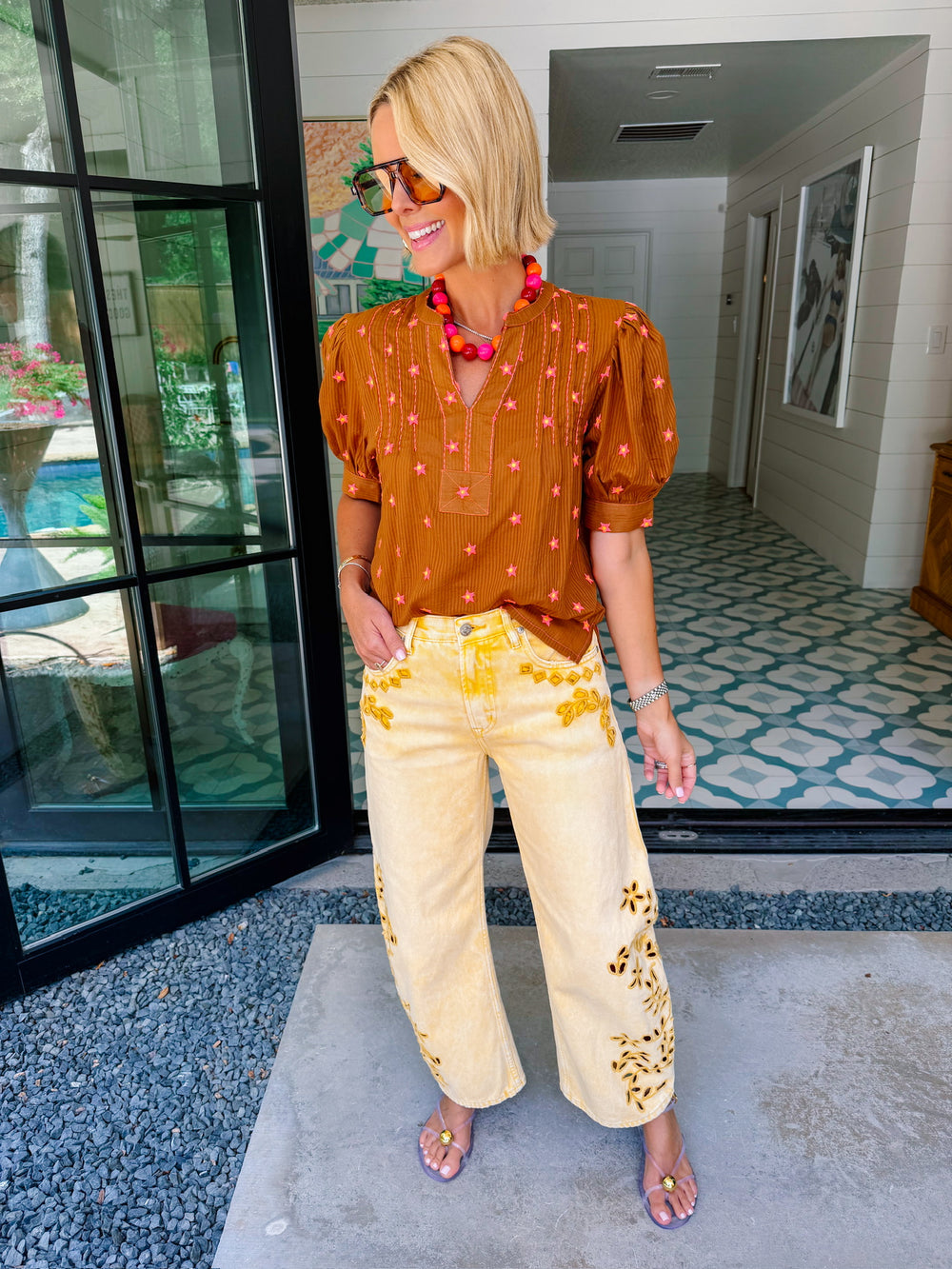 EVELYN EYELET FLORAL BARREL JEAN - YELLOW
