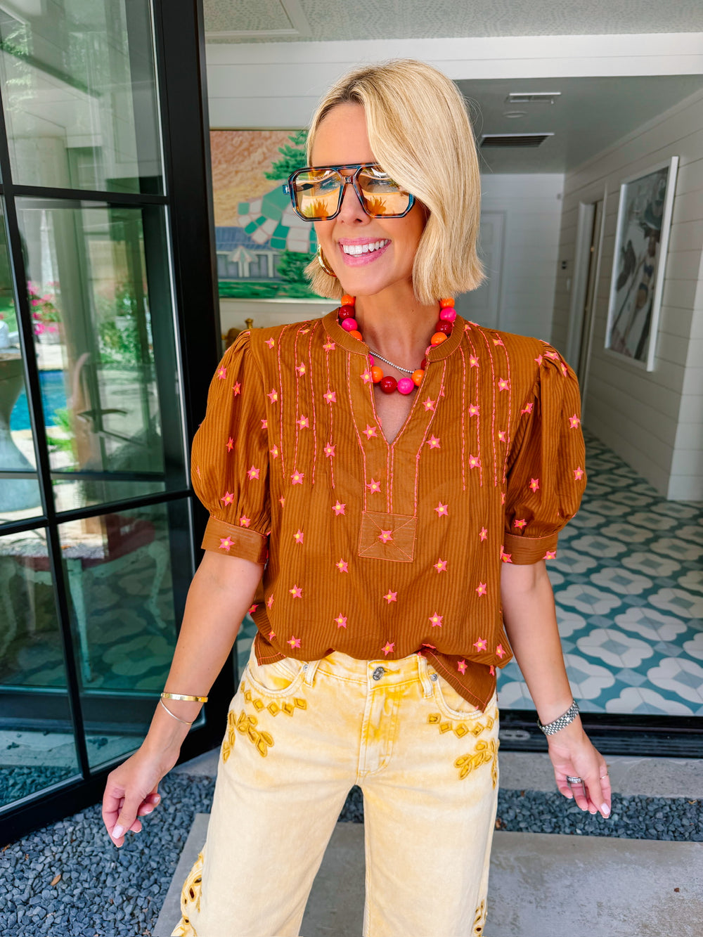 SEEING STAR EMBROIDERED TOP - RUST