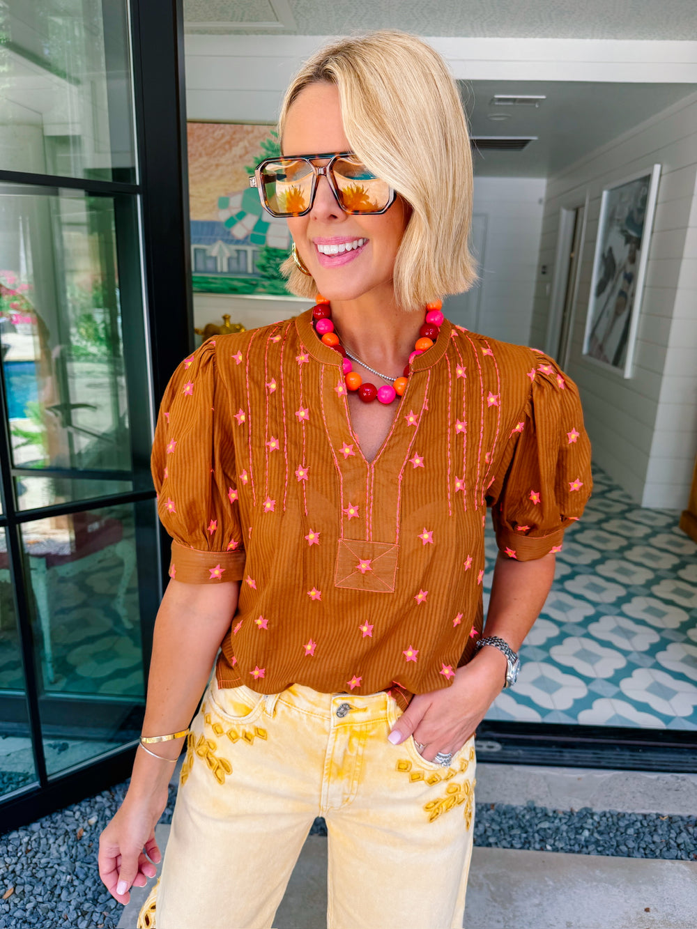 SEEING STAR EMBROIDERED TOP - RUST