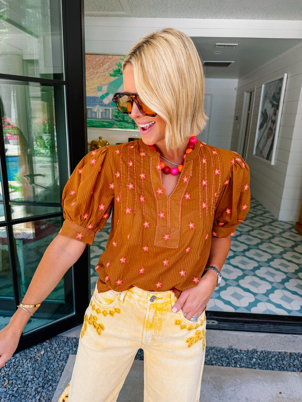 SEEING STAR EMBROIDERED TOP - RUST