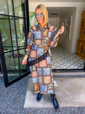 PIECE BY PIECE PATCHWORK PAISLEY SCARF WRAP MIDI DRESS - BLUE/BROWN