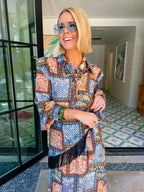 PIECE BY PIECE PATCHWORK PAISLEY SCARF WRAP MIDI DRESS - BLUE/BROWN