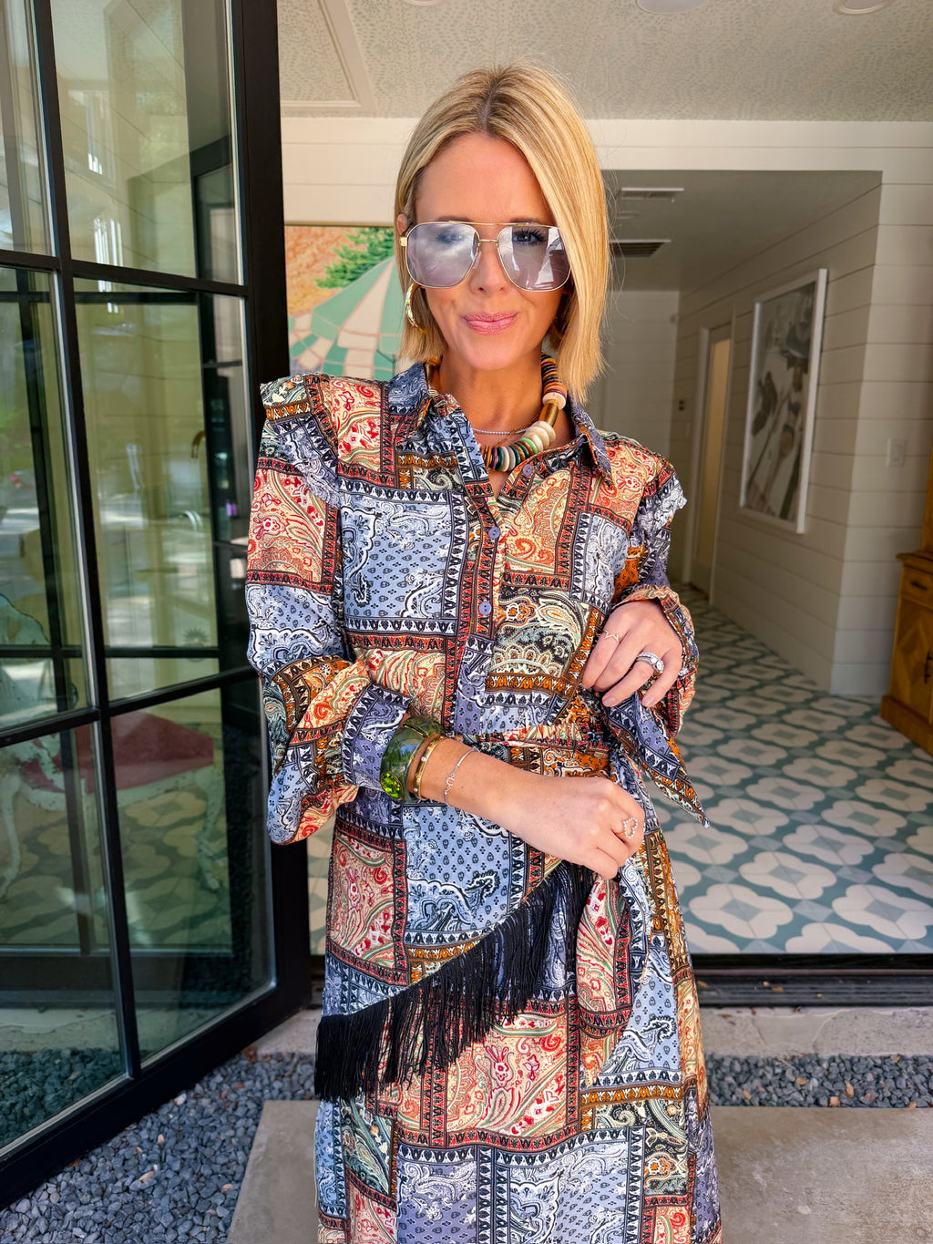 PIECE BY PIECE PATCHWORK PAISLEY SCARF WRAP MIDI DRESS - BLUE/BROWN