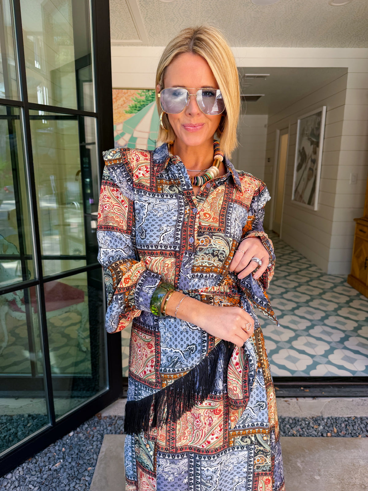PIECE BY PIECE PATCHWORK PAISLEY SCARF WRAP MIDI DRESS - BLUE/BROWN