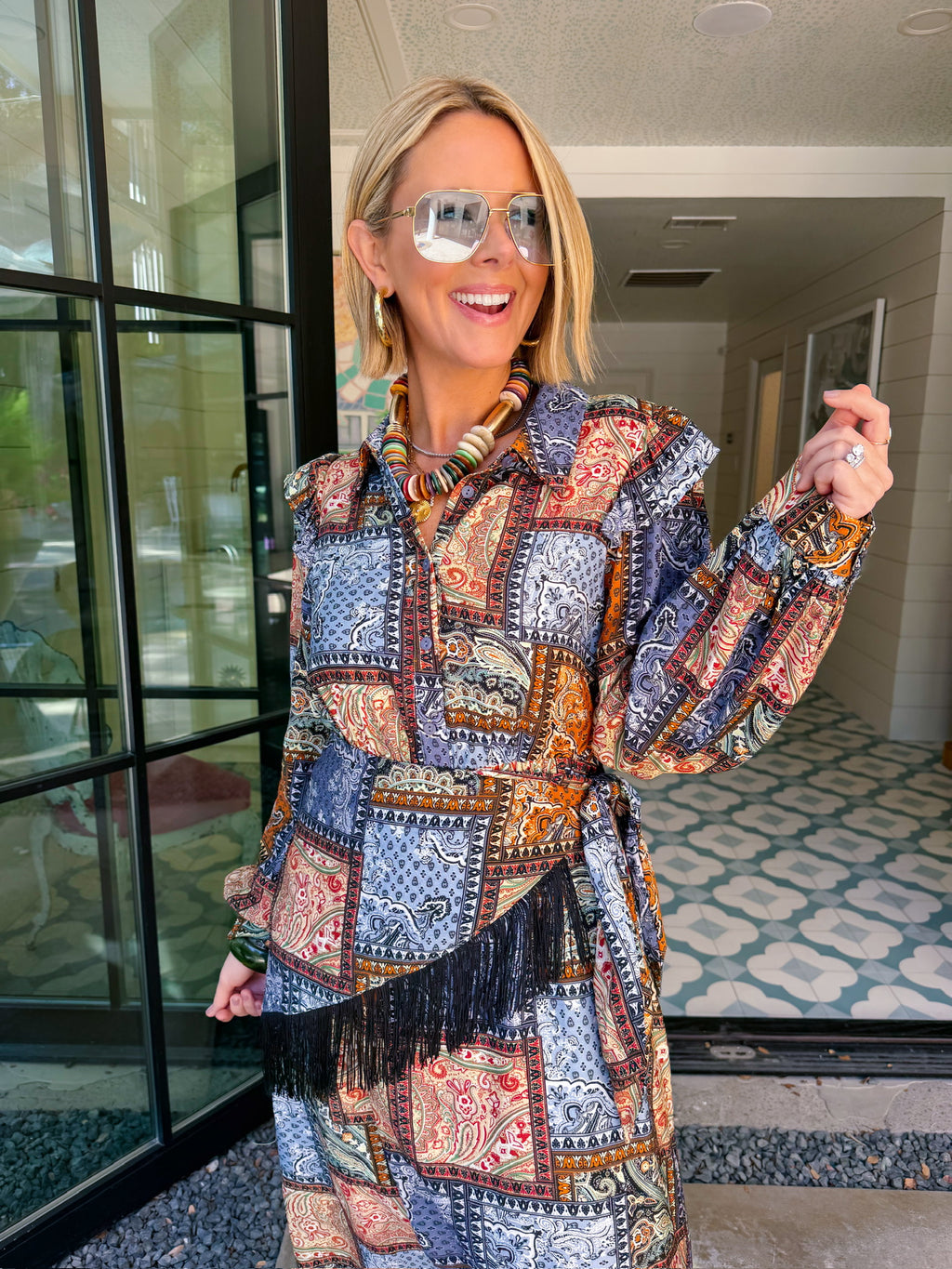 PIECE BY PIECE PATCHWORK PAISLEY SCARF WRAP MIDI DRESS - BLUE/BROWN