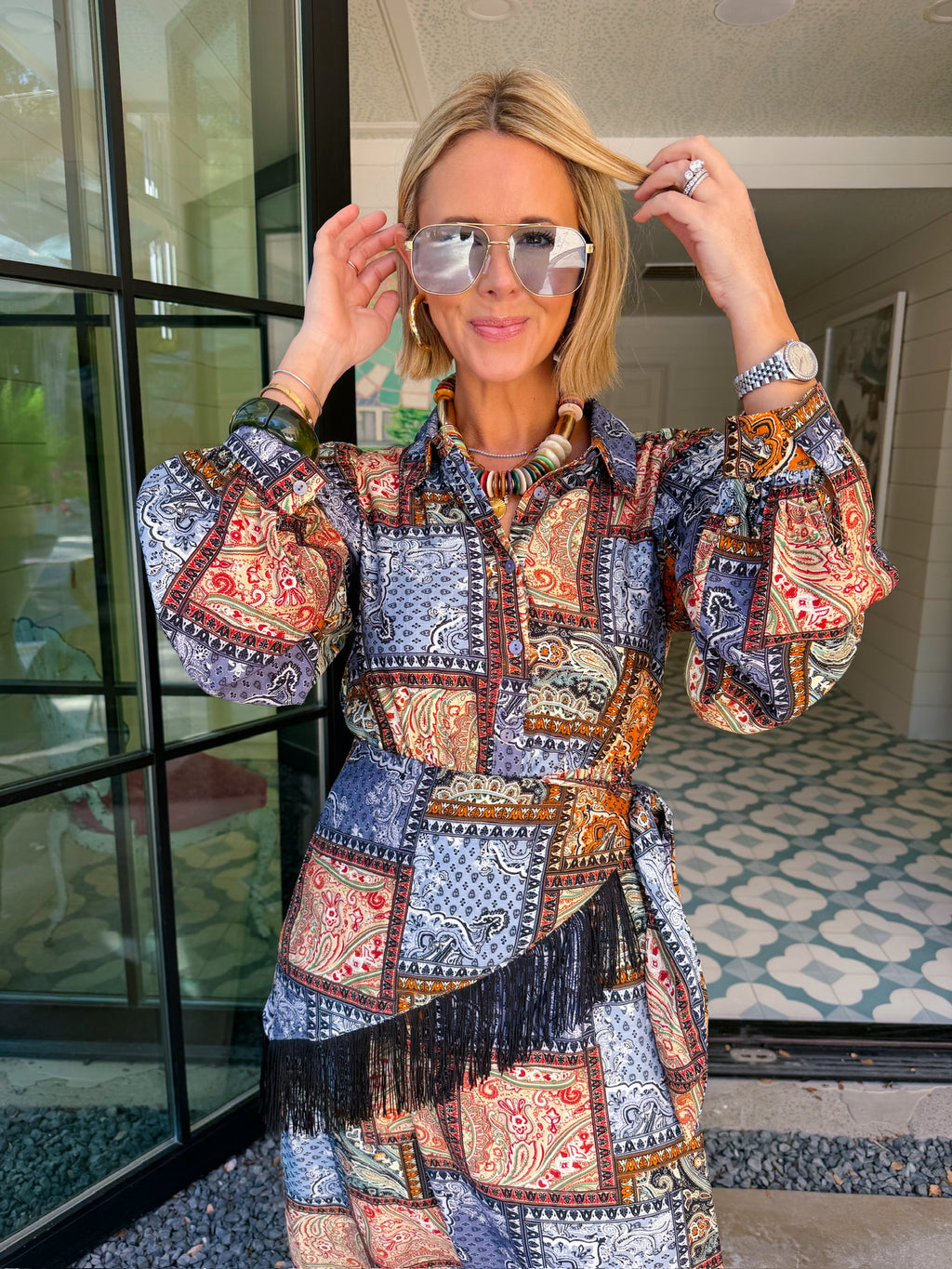 PIECE BY PIECE PATCHWORK PAISLEY SCARF WRAP MIDI DRESS - BLUE/BROWN