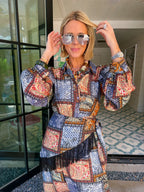 PIECE BY PIECE PATCHWORK PAISLEY SCARF WRAP MIDI DRESS - BLUE/BROWN