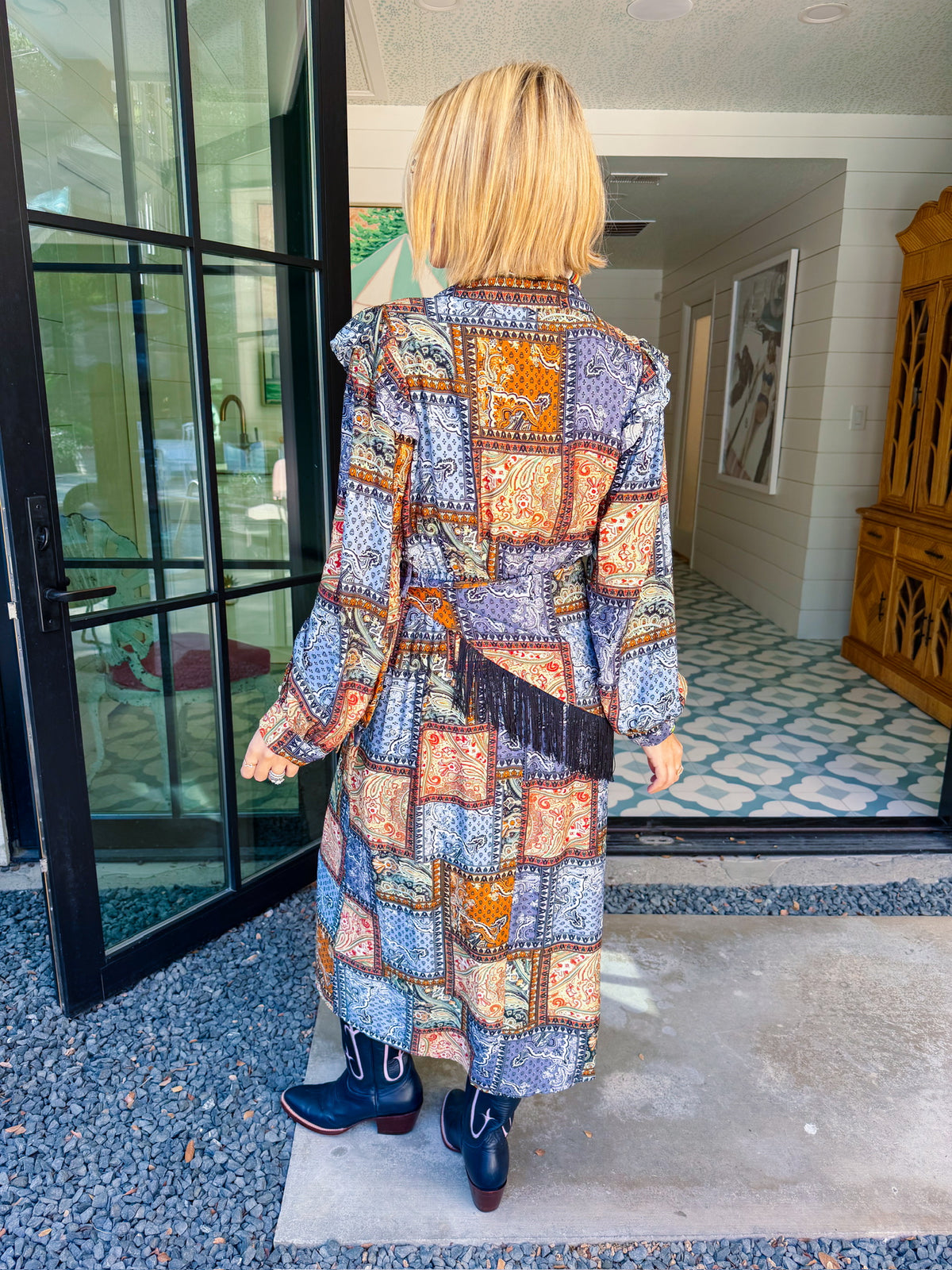 PIECE BY PIECE PATCHWORK PAISLEY SCARF WRAP MIDI DRESS - BLUE/BROWN