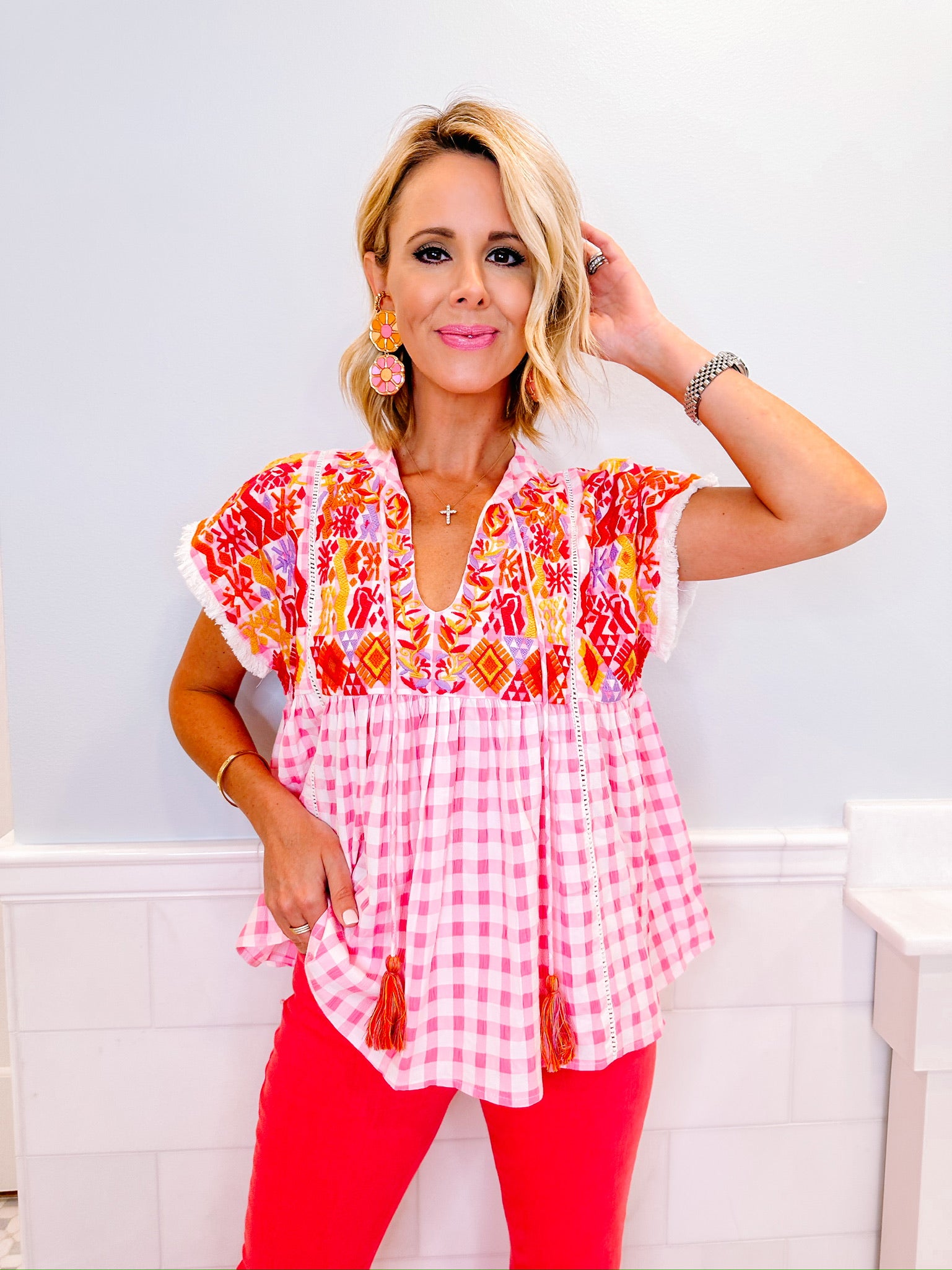 BLANCHE EMBROIDERED GINGHAM TOP - PINK