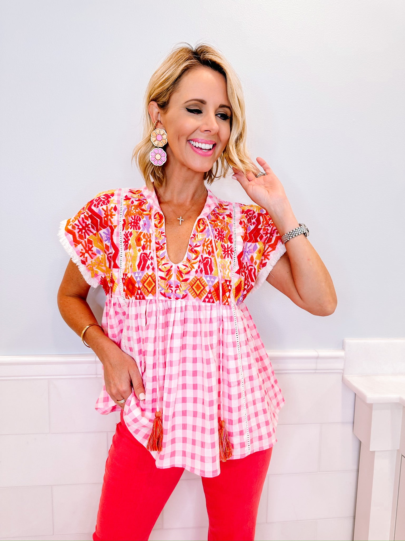 BLANCHE EMBROIDERED GINGHAM TOP - PINK