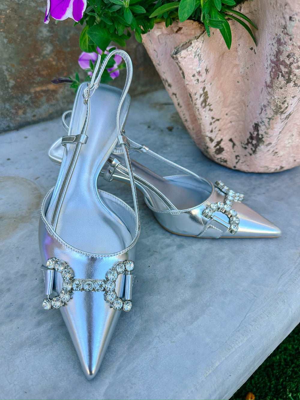 BEKAH SLING BACK METALLIC KITTEN HEEL - SILVER