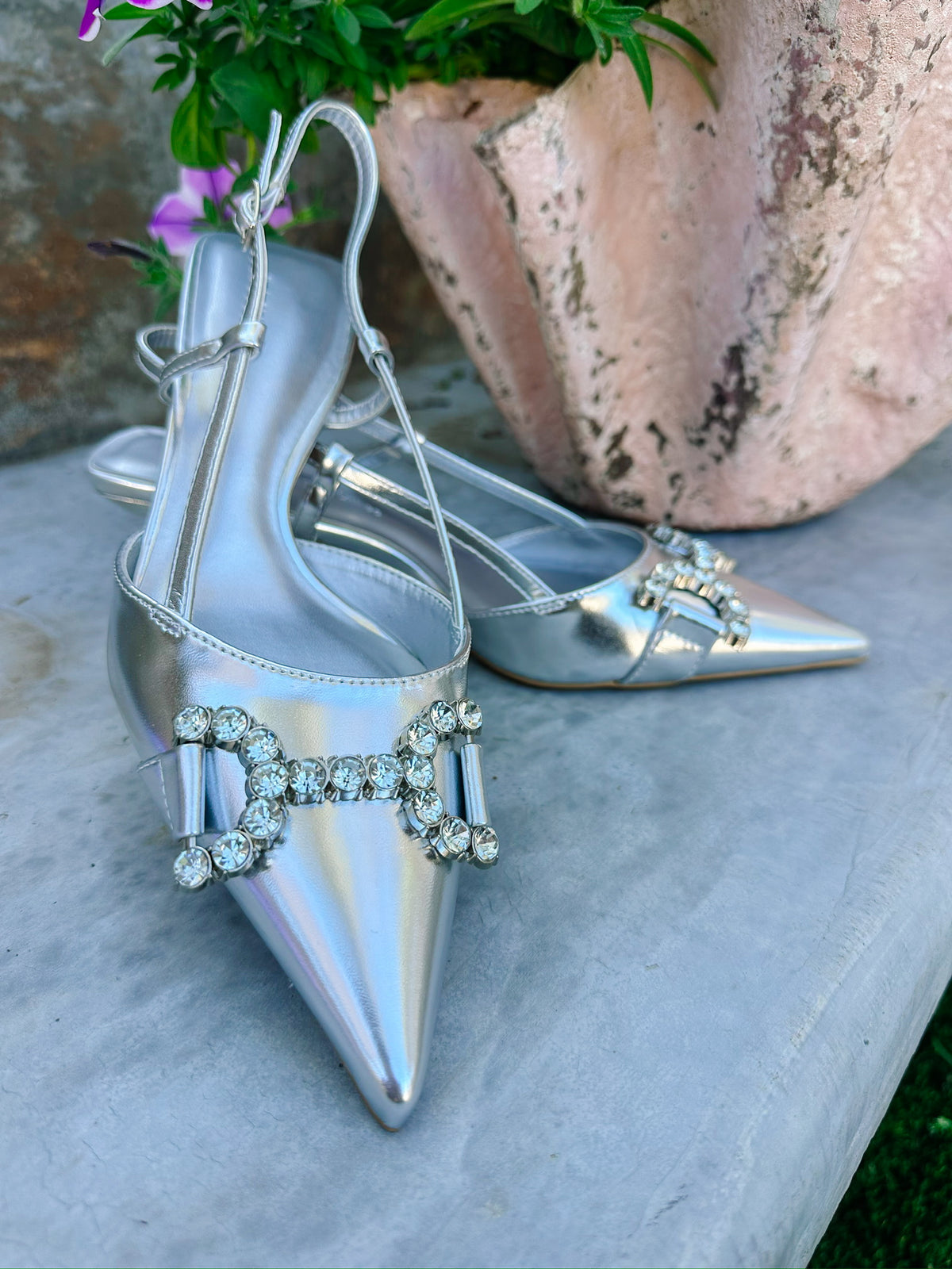BEKAH SLING BACK METALLIC KITTEN HEEL - SILVER