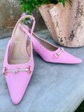 CHARLOTTE JEWEL HORSE BIT SLING BACK KITTEN HEEL - PINK