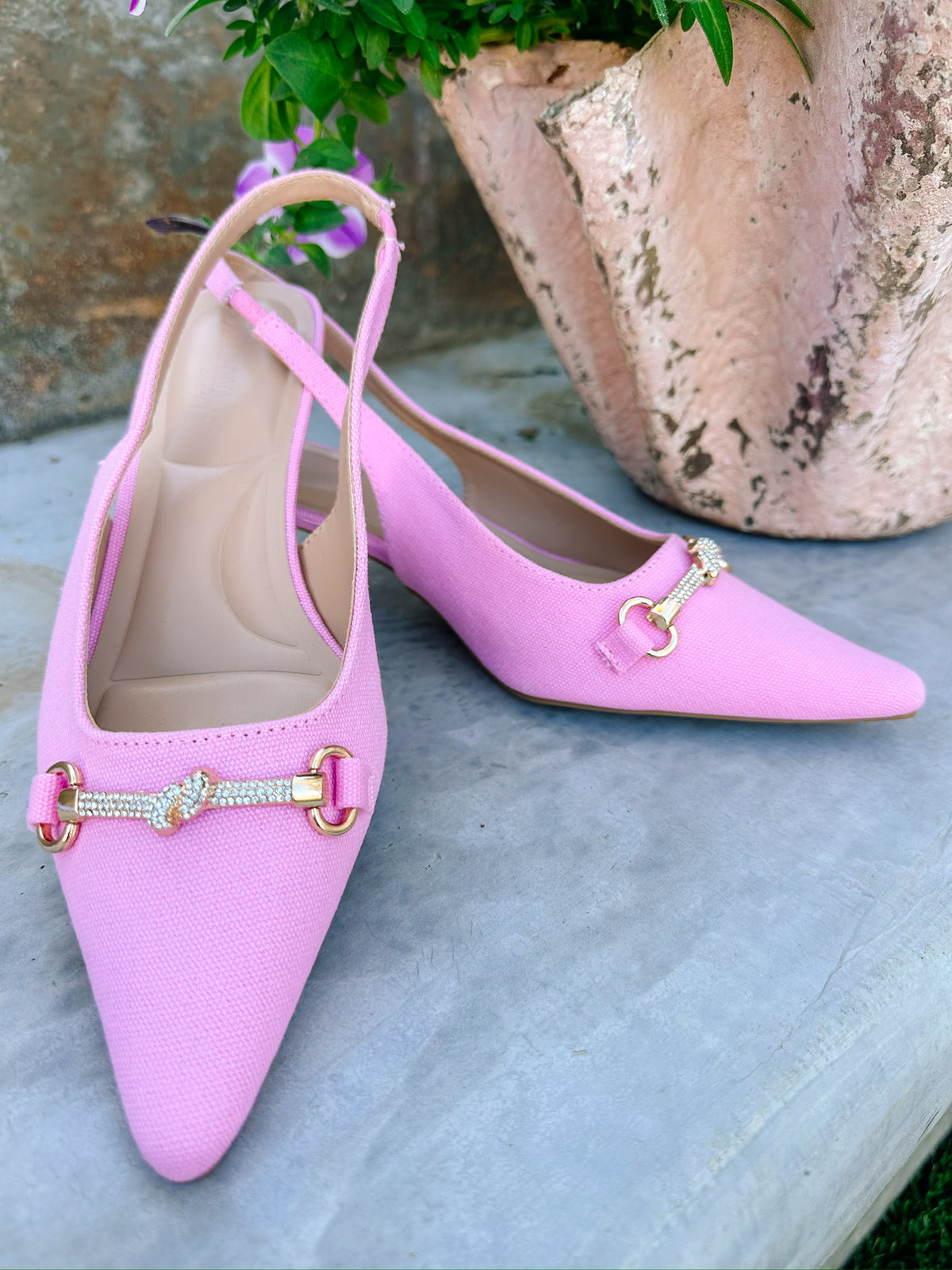 CHARLOTTE JEWEL HORSE BIT SLING BACK KITTEN HEEL - PINK
