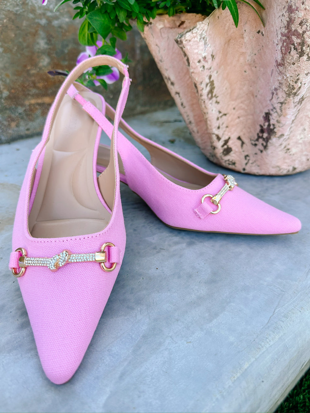 CHARLOTTE JEWEL HORSE BIT SLING BACK KITTEN HEEL - PINK