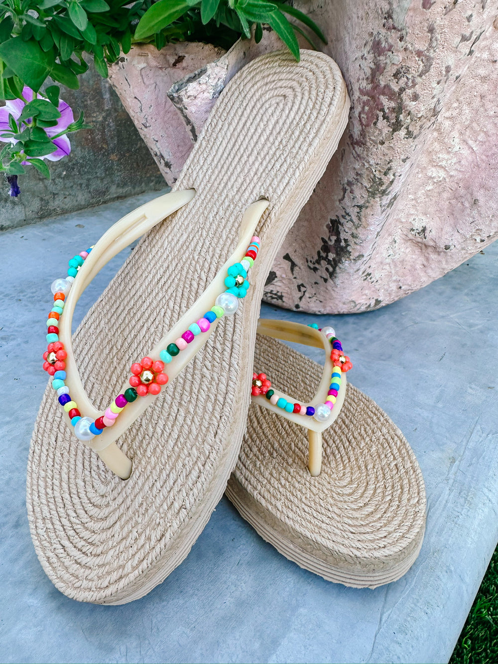MARBELLA RAFFIA BEADED FLIP FLOP SANDAL - NATURAL