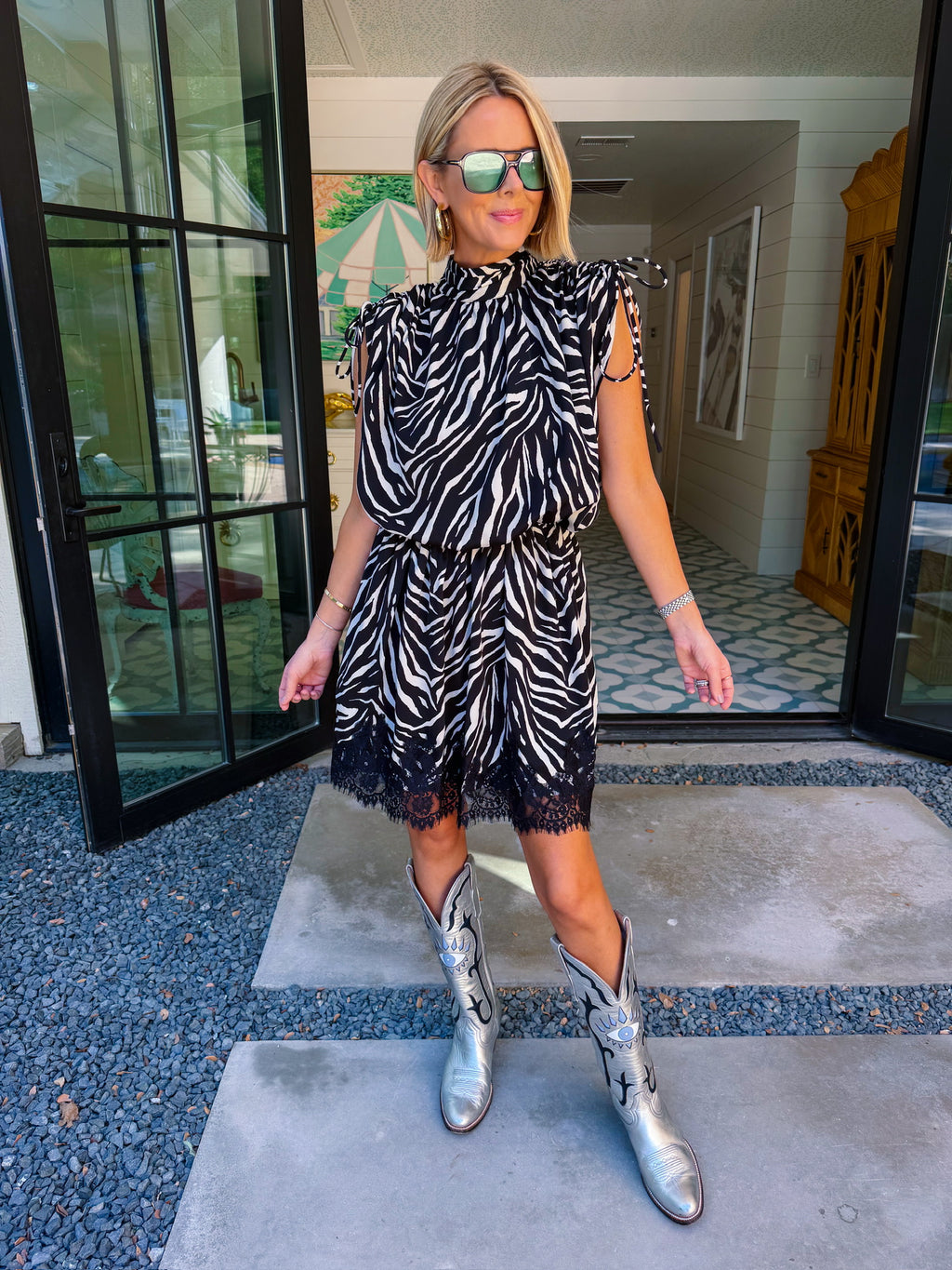 CLAIM THE NIGHT AS YOURS ZEBRA LACE TRIM DRESS