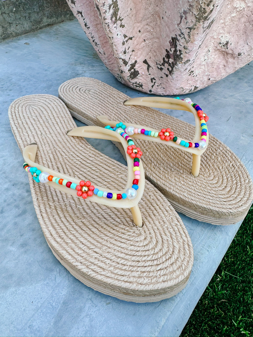 MARBELLA RAFFIA BEADED FLIP FLOP SANDAL - NATURAL