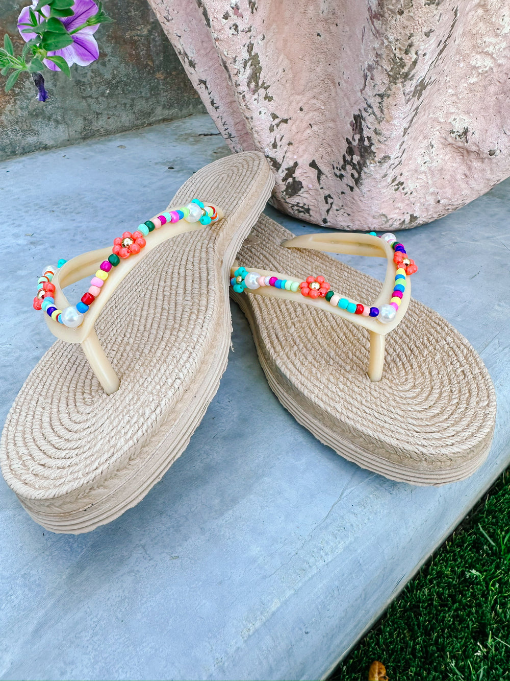 MARBELLA RAFFIA BEADED FLIP FLOP SANDAL - NATURAL