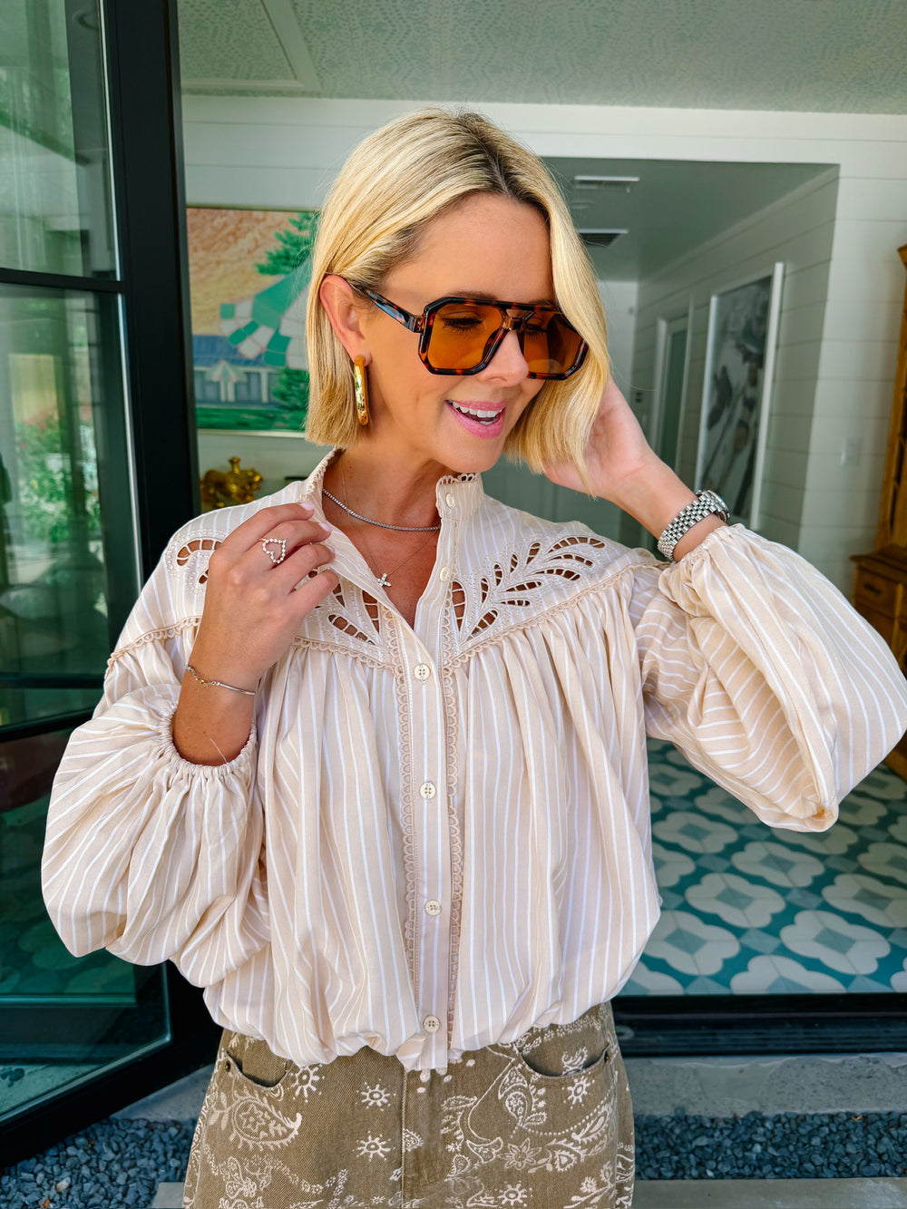 VIVIENNE STRIPE LONG SLEEVE BUBBLE TOP - BEIGE