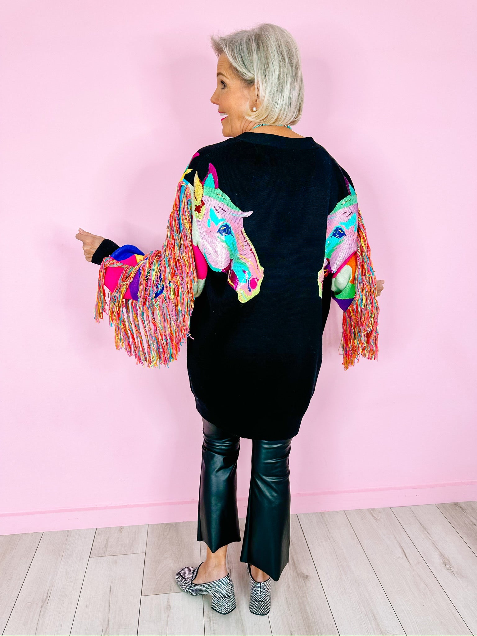 RAINBOW FRINGE HORSE HEADS CARDIGAN DRESS - BLACK