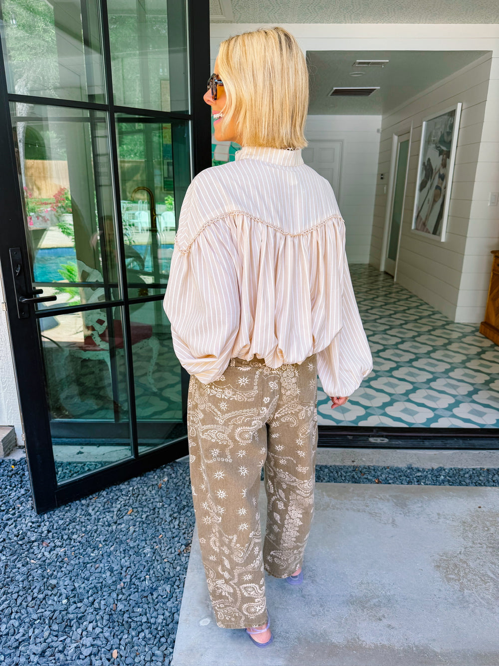 VIVIENNE STRIPE LONG SLEEVE BUBBLE TOP - BEIGE