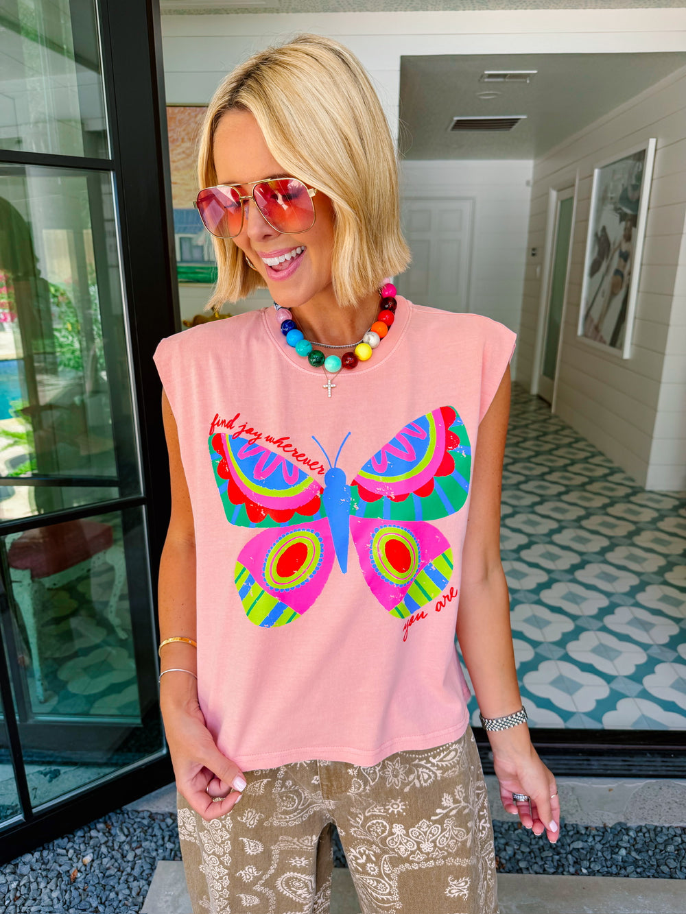FIND JOY WHEREVER YOU ARE  MUSCLE TEE - PEACH