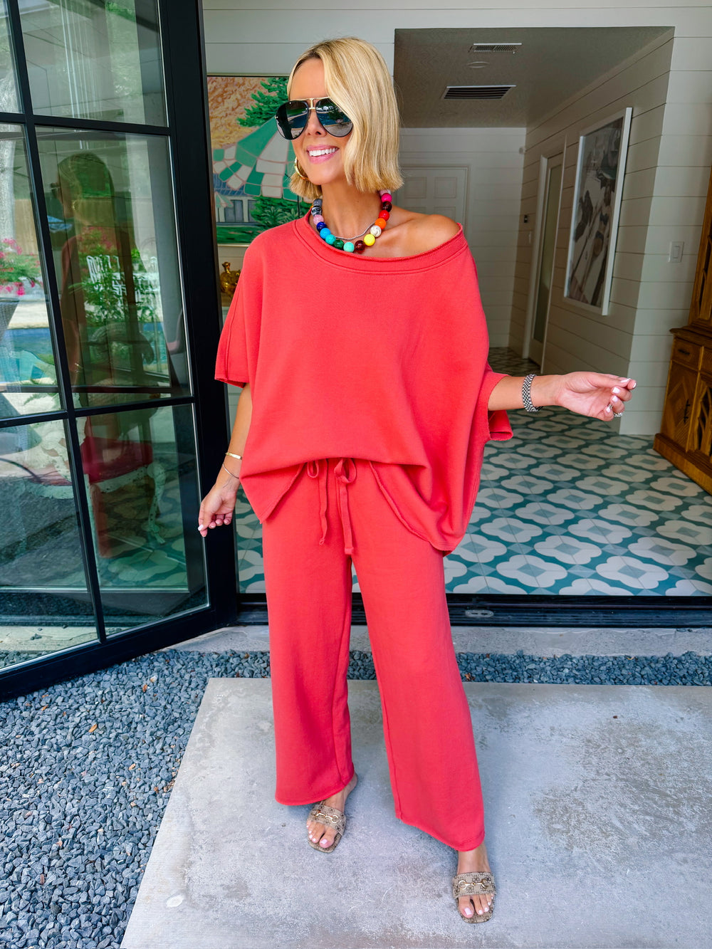 LOUNGE QUEEN SHORT SLEEVE PANT SET - DUSTY BRICK