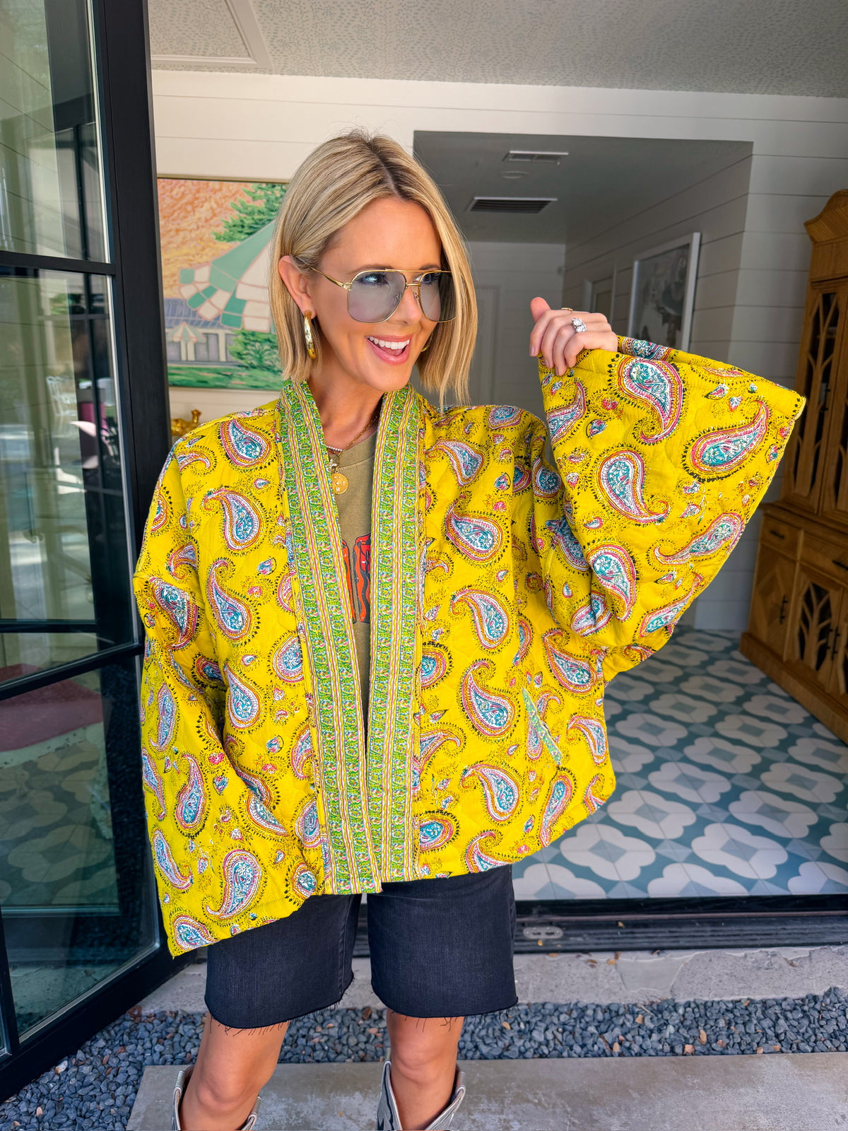 PAISLEY IN THE WINDY FIELDS QUILTED JACKET - CHARTREUSE