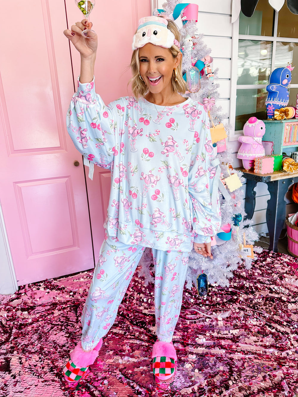 COCKTAILS WITH CLAUS VELOUR JOGGER PJ SET - BLUE