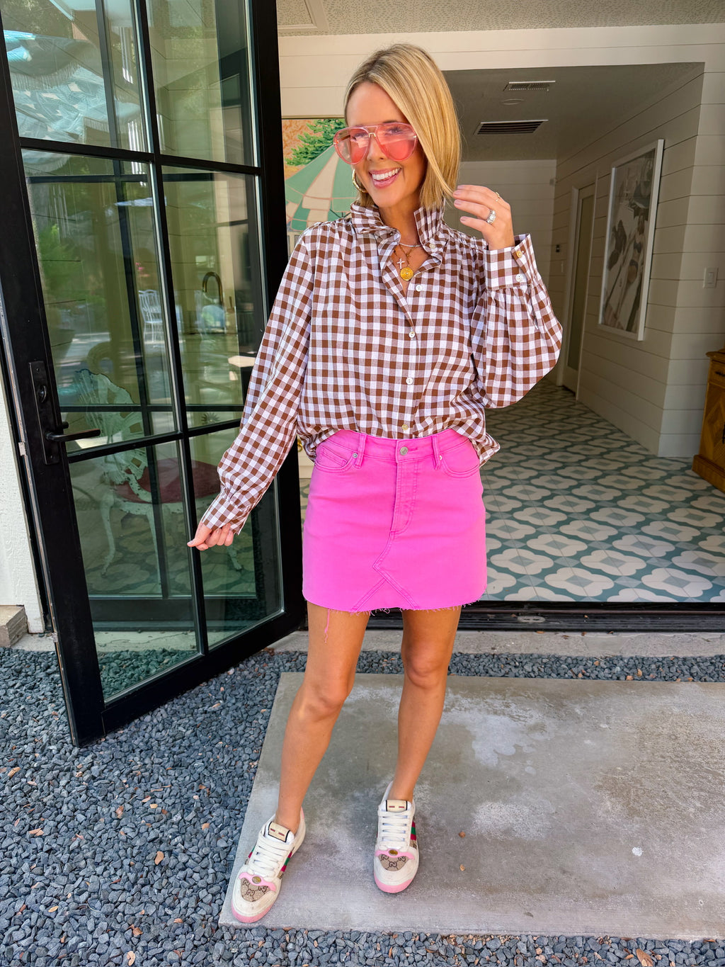 ROXIE HIGH RISE RAW HEM DENIM SKIRT - PINK