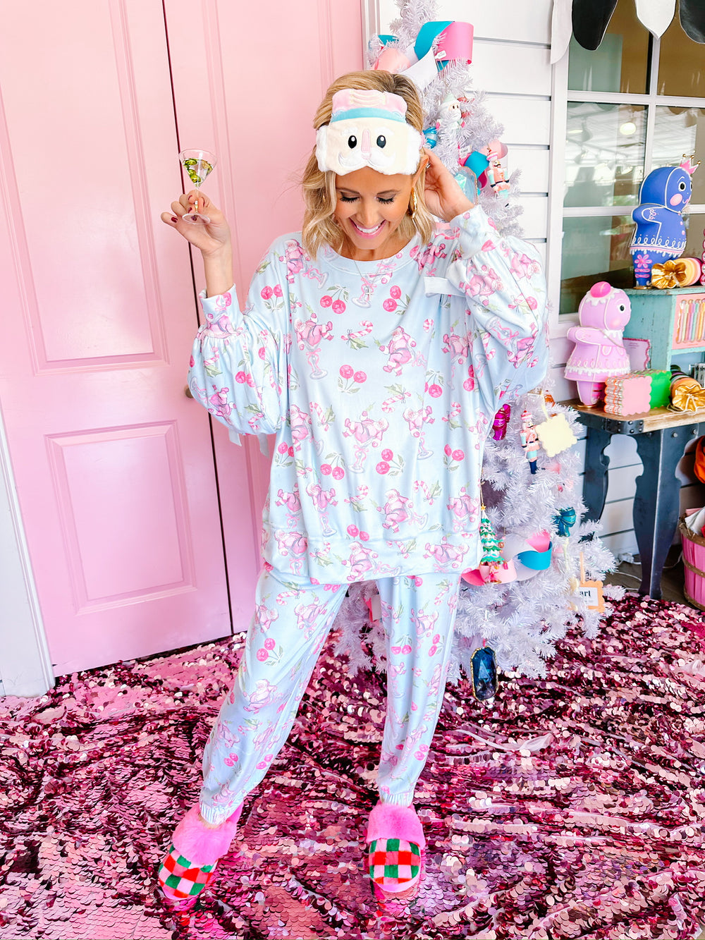 COCKTAILS WITH CLAUS VELOUR JOGGER PJ SET - BLUE