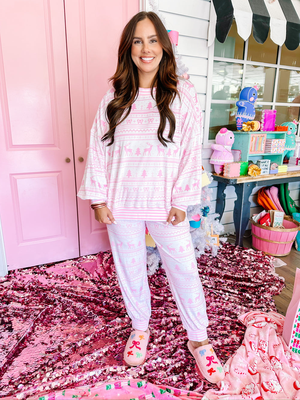 FESTIVE FAIR ISLE LOUNGE JOGGER SET - PINK