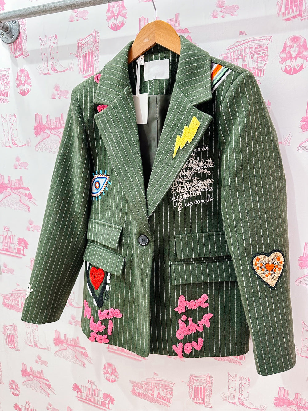 ALAYNA GIRL GANG PINSTRIPE BLAZER - GREEN